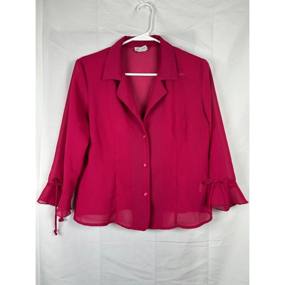 JG Hook Sheer Blouse 10P Pink Button Up Tie Sleeve Collared Lightweight Office